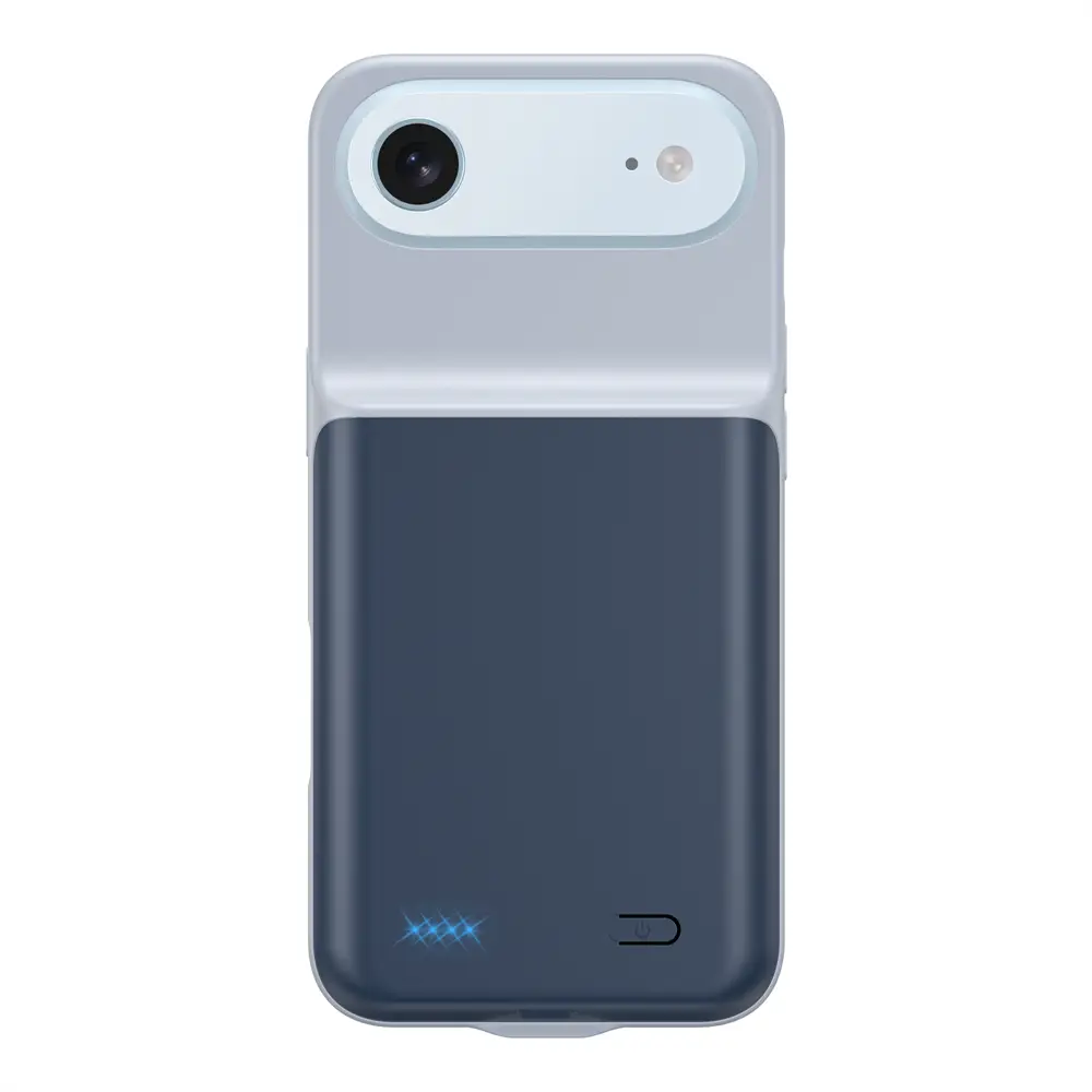 Rückseite einer eleganten zweifarbigen Pro-Max-Akku-Ladehülle für iPhone 16- und 17-Serien mit einem hellgrauen oberen Bereich für Kamera- und Sensorausschnitte sowie einem dunkel-navyblauen unteren Bereich mit integriertem Akkupack.