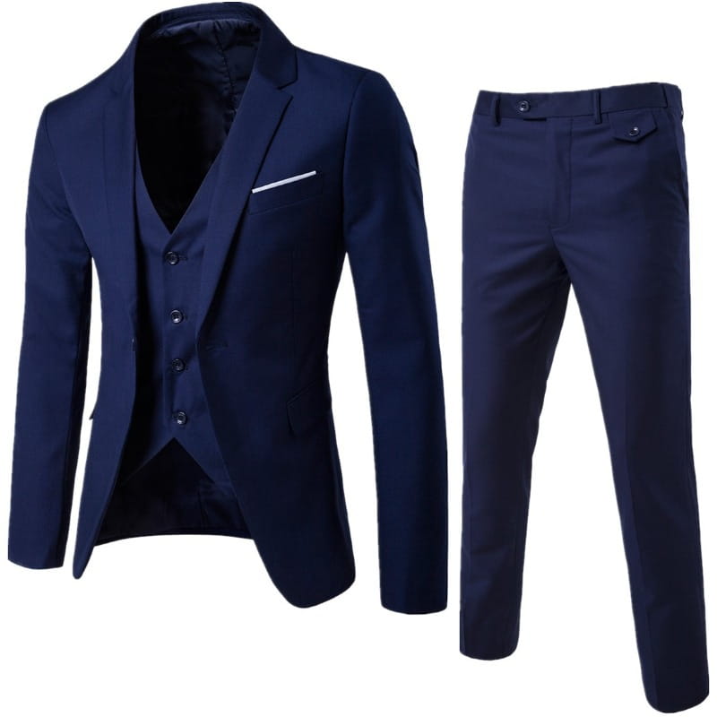Navy blue mens slim fit three-piece suit featuring a notched lapel jacket, matching vest, and tailored trousers designed for formal dress.
