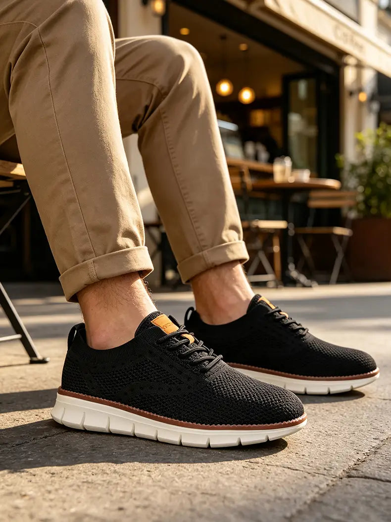 Zapatillas casual negras para hombre Cole Haan de tejido negro con suela de goma blanca y acentos de cuero color camel, diseñadas como zapatos de caminar transpirables.