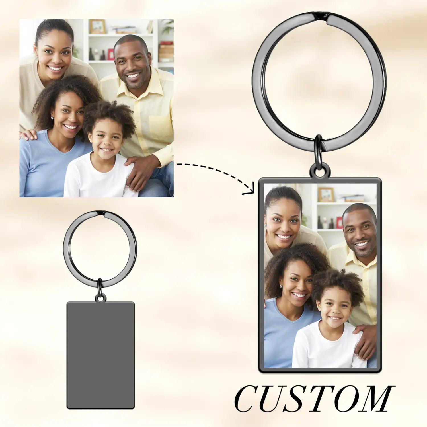 Custom photo rectangle keychain with a black metallic frame and stainless steel ring for personalized use.