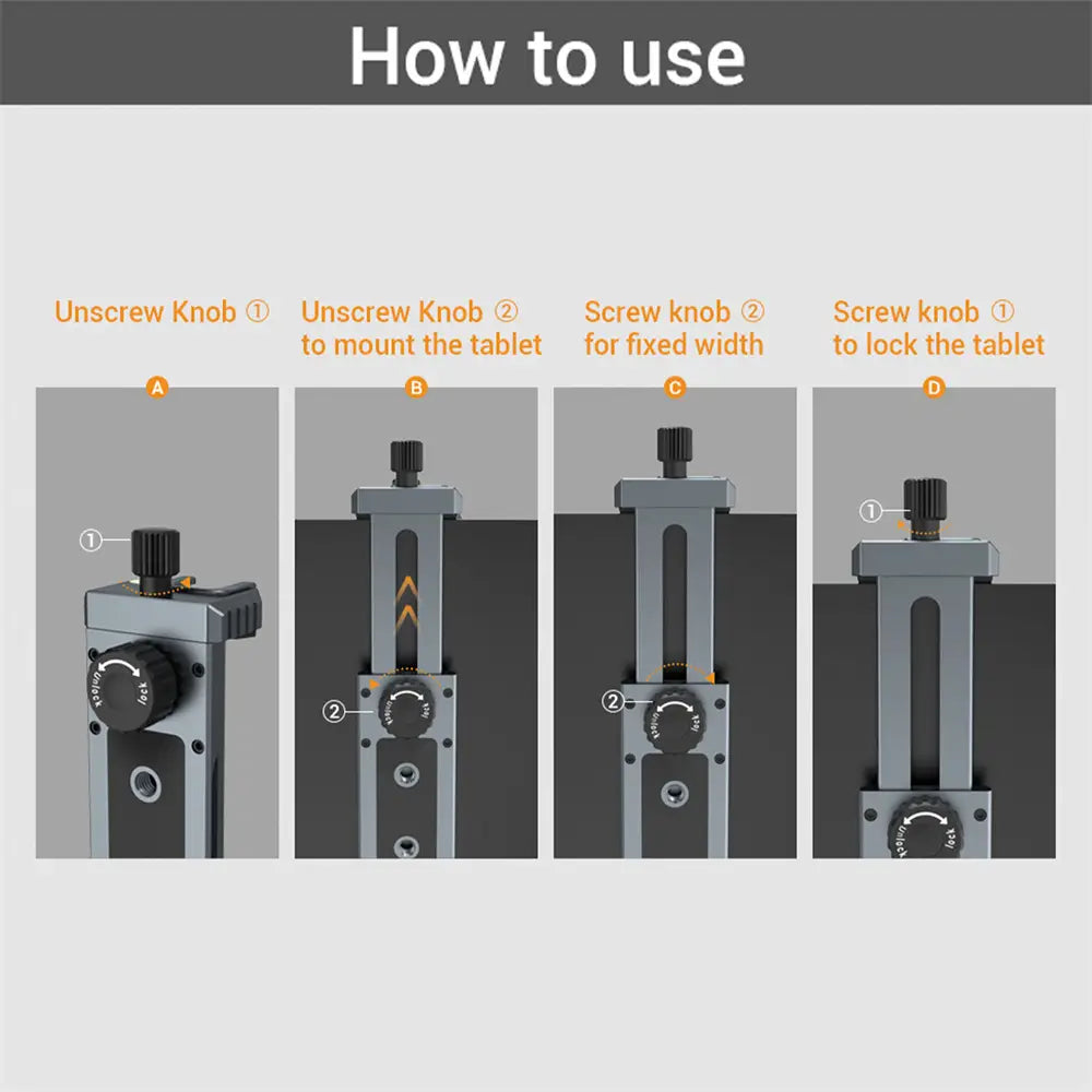 adjustable aluminum tablet clamp with black and silver metallic knobs and sliding mechanism for securing devices designed as a universal tripod mount adapter.