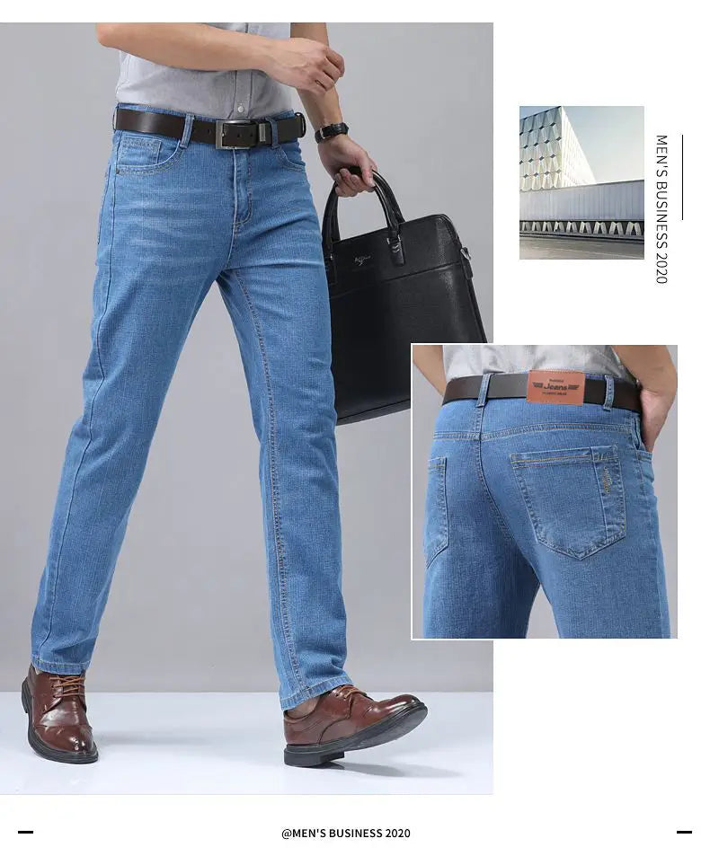 Men’s blue stretch cotton straight denim jeans with a classic five-pocket design paired with a brown leather belt for casual wear.