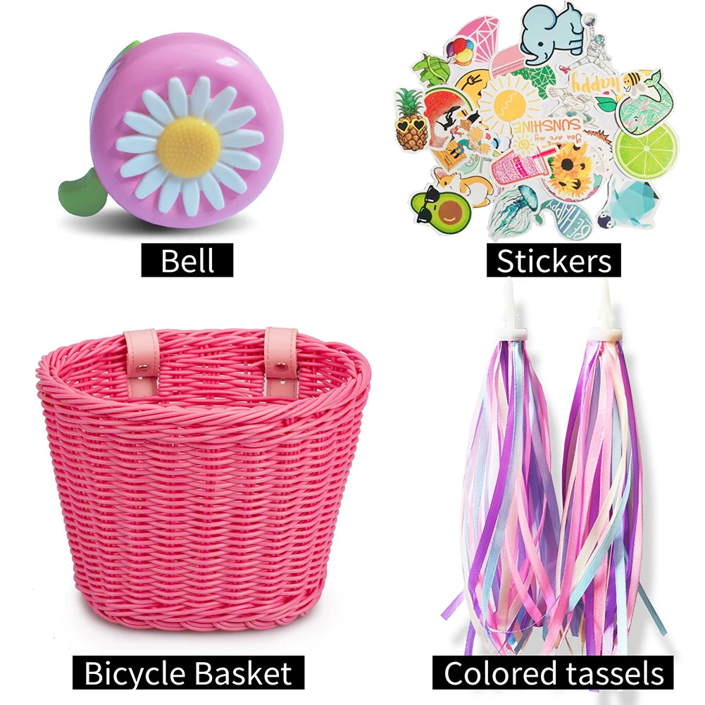 Kids Bicycle Basket+Bell+Tassel+Stickers Set Kids Front Handlebar Rattan Handwoven Bike Basket Cycling Accessories
