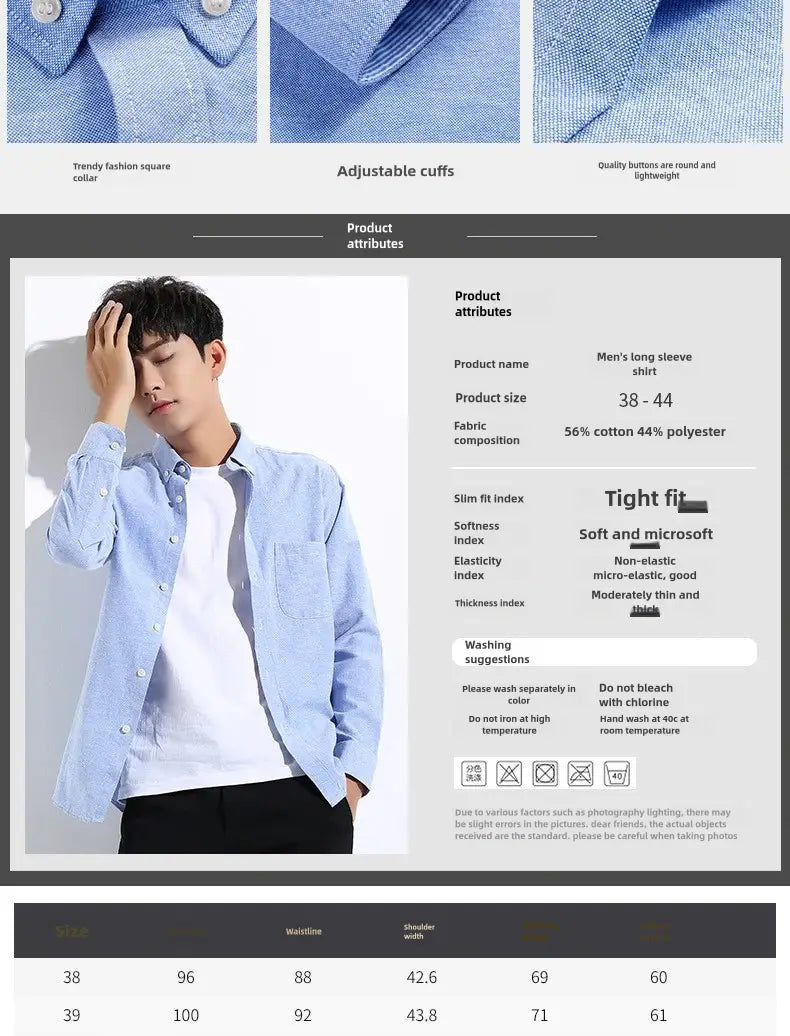 Men’s light blue oxford shirt casual long sleeve made of denim with square collar and adjustable cuffs.