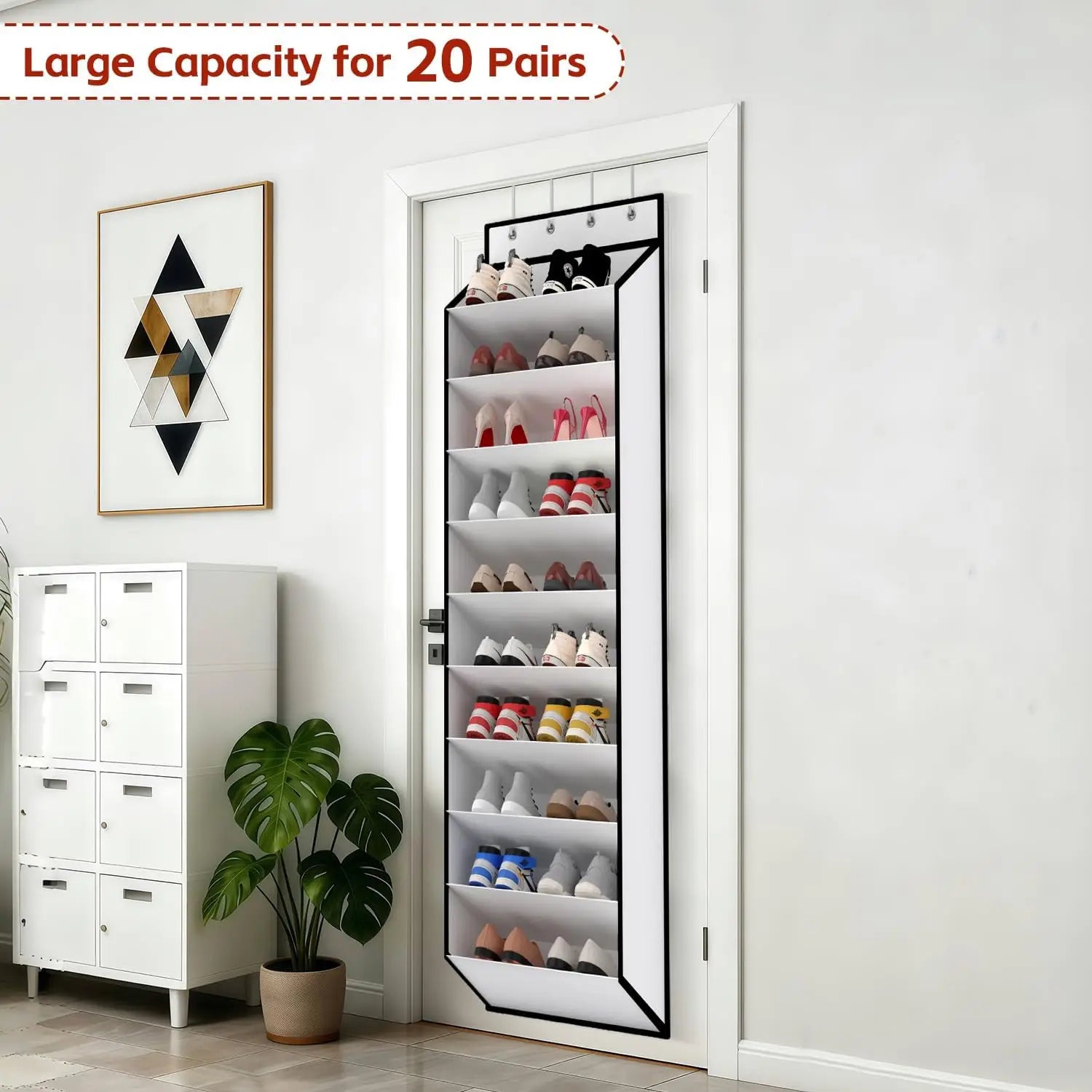 Organisateur de chaussures au-dessus de la porte, blanc et noir, avec étagères à 10 niveaux, conçu pour un rangement efficace des chaussures et un gain de place en tant qu’organisateur de chaussures au-dessus de la porte.