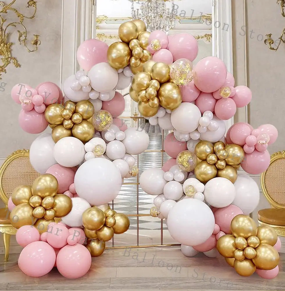 pink balloon arch kit featuring decorative pink gold and white latex balloons with glittery accents for wedding and birthday parties
