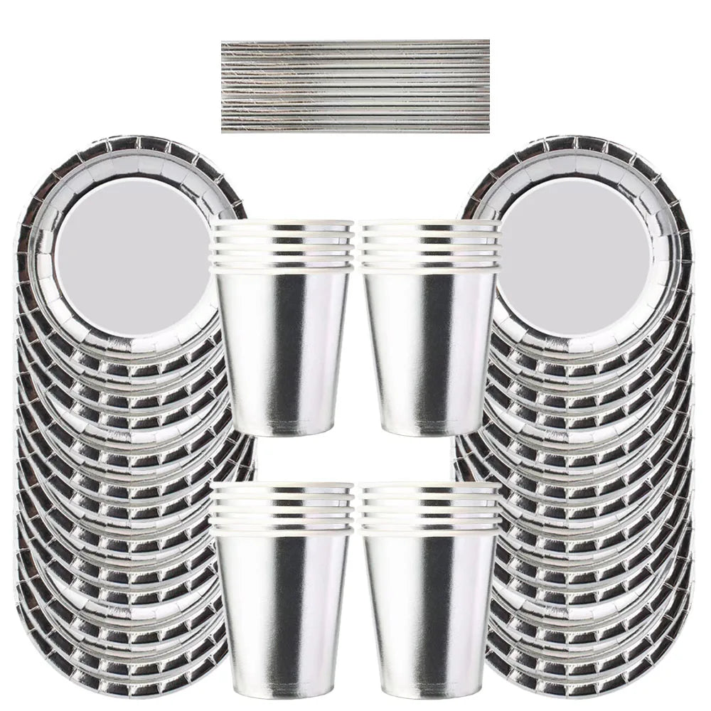 Birthday Party Decor Disposable Tableware Set Baby Shower Wedding Bachelor Party Supplies Silver Paper Plates Banner Tablecloth