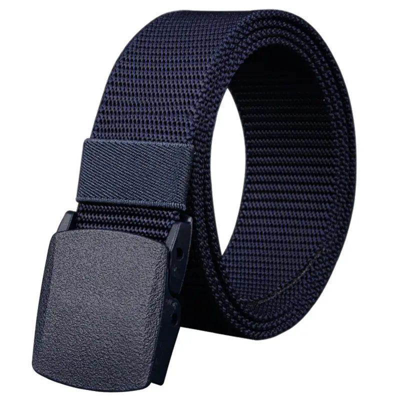 Dark navy mens tactical canvas belt featuring a lightweight automatic matte black textured buckle.