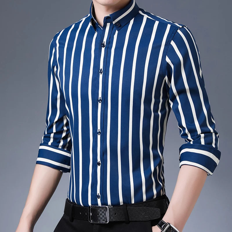 Men's Elegant  Striped Iron-Free Long Sleeve Dress Shirts - Breathable, Stretchy Casual Button Up Shirt For Formal Occasions