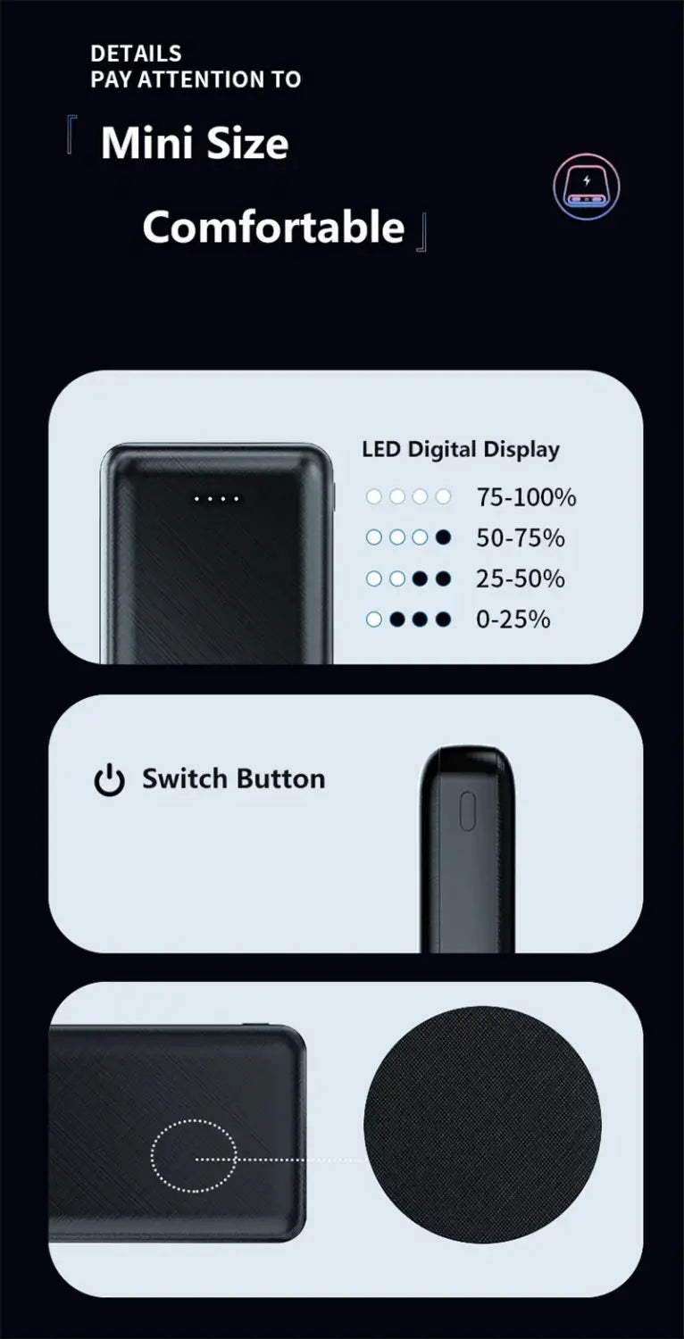 Black mini portable power bank with led digital display and switch button designed for charging devices and air conditioning clothing such as heated vests, featuring 20000mAh capacity.