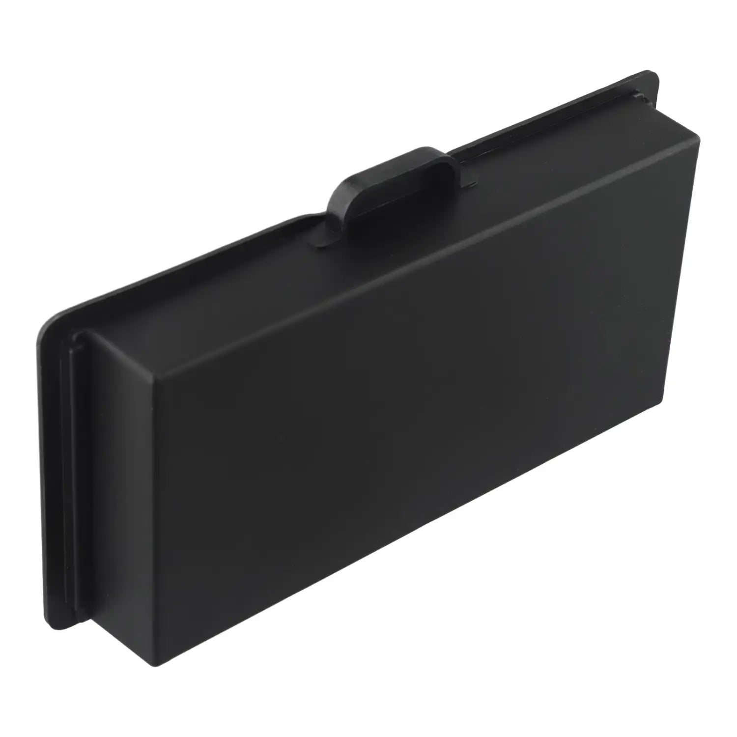 Boîte de rangement en ABS pour organisateur de tiroir sous bureau présentée depuis le côté arrière, avec un compartiment de batterie rectangulaire en plastique noir, et une petite poignée sur le dessus