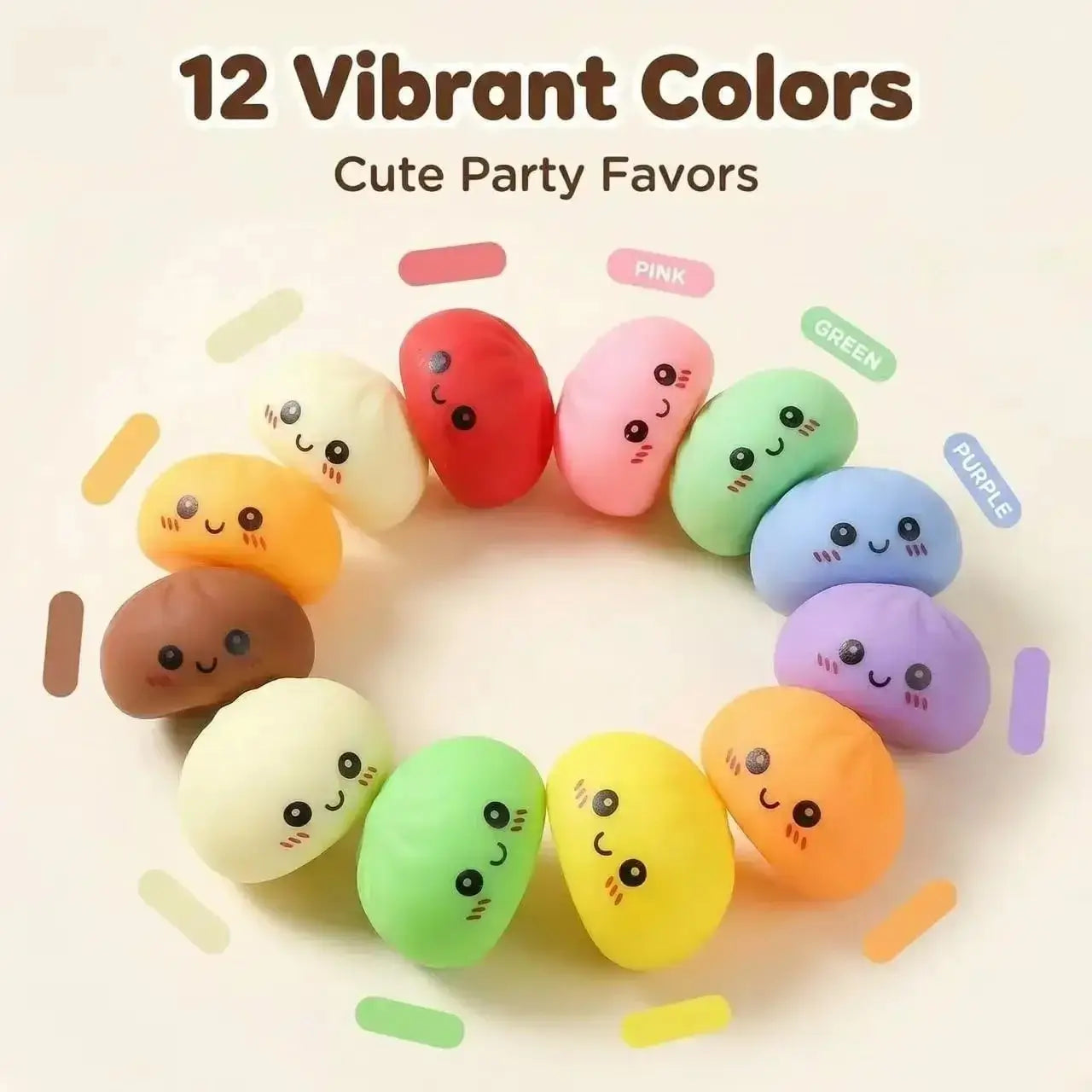 Eine Sammlung von 12 lebhaften Soft-Silikon-„Jelly Bean“-förmigen Knödel-Squishies in verschiedenen Farben, darunter Rosa, Grün, Lila und Gelb, aus dem Adventskalender „Dumpling Squishies“, 24 Stk.