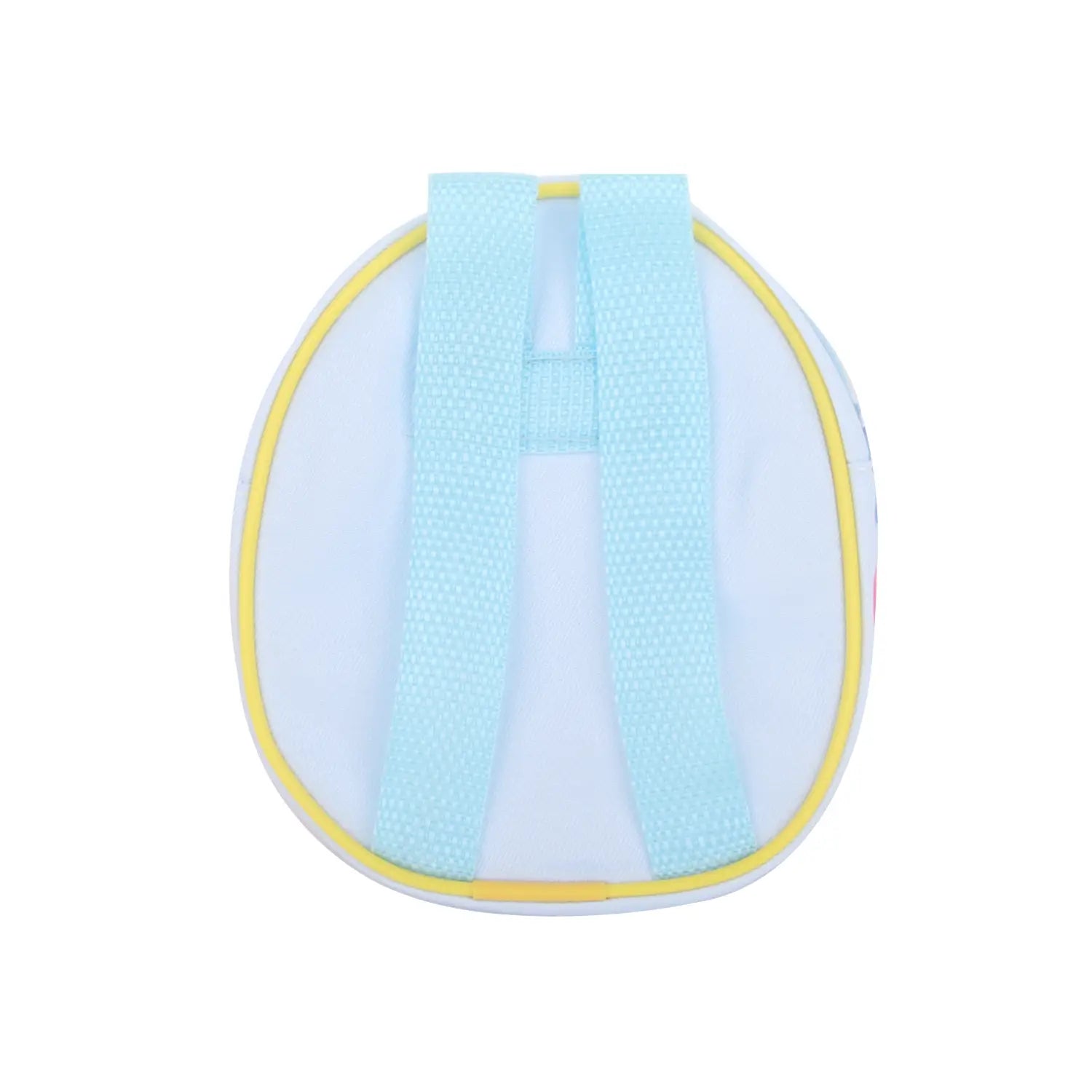 Ein weicher weißer Puppenrucksack mit gelbem Besatz und hellblauen Stoffträgern, entworfen als niedliches Mini-Cartoon-Reiseetui-Accessoire