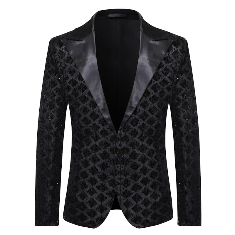 Herren-Paillettenblazer in Königsblau als Partyjackett mit schwarzen Pailletten sowie einem glänzenden Satin-Revers und einem design mit Diamantmuster.