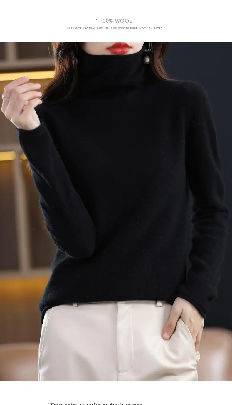 Black merino wool turtleneck sweater for women featuring a smooth and cozy texture with long sleeves.