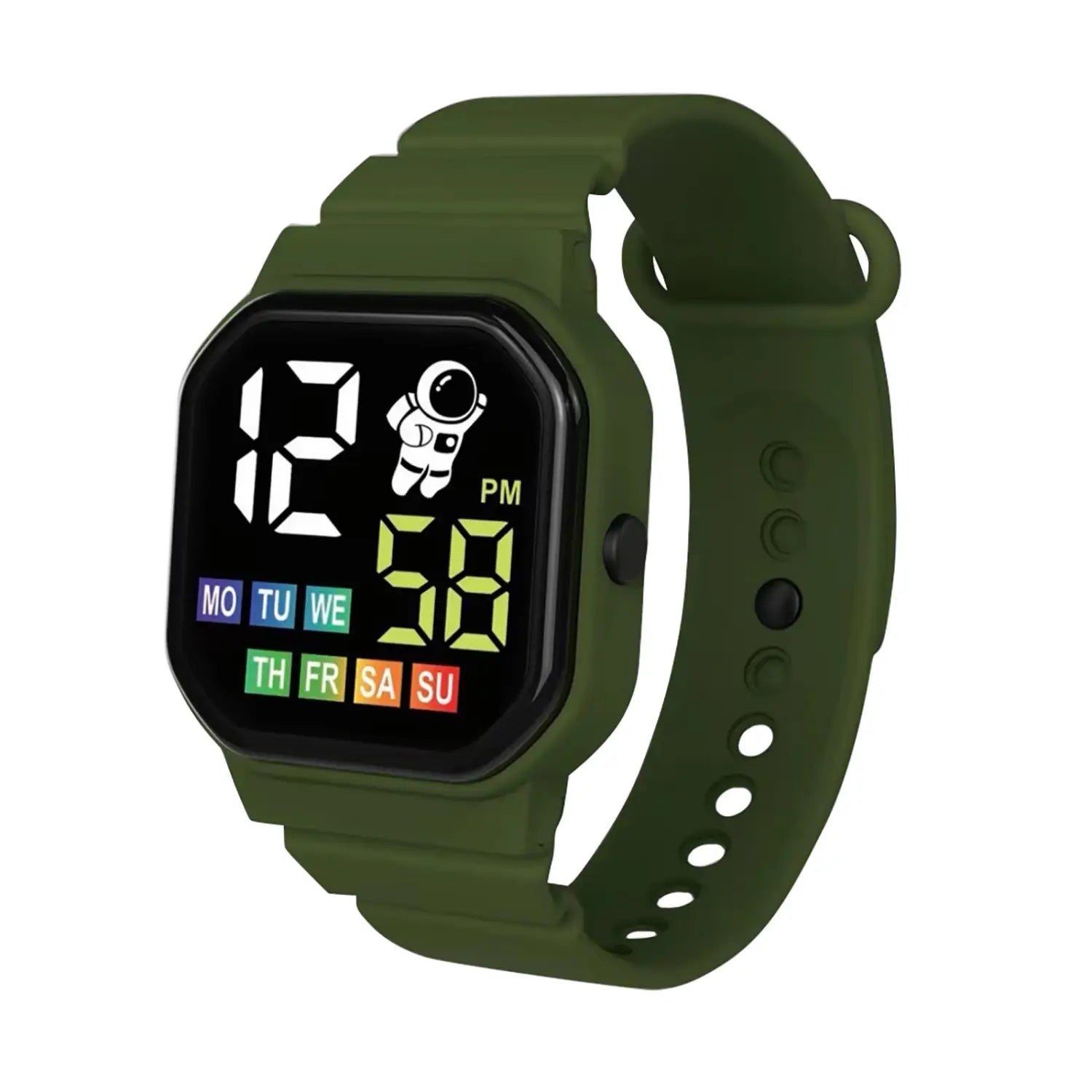 Olive green kids astronaut led digital watch with a black face displaying time and day in bright white and yellow digits featuring an astronaut graphic.