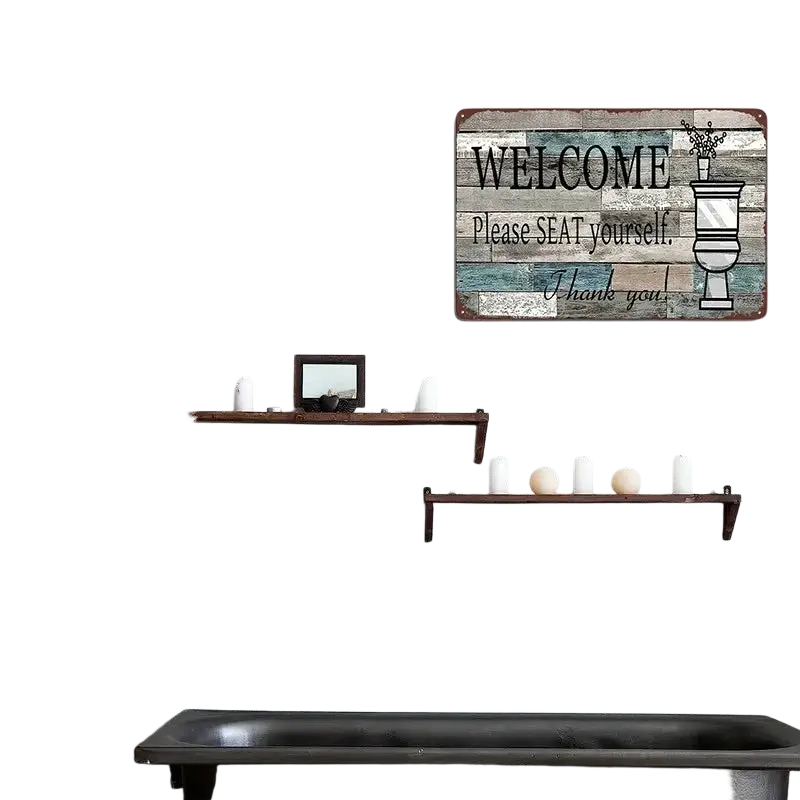 Rustic vintage bathroom metal sign with weathered blue and gray wooden planks and black welcome please seat yourself text