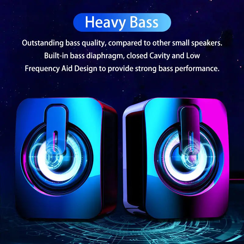 usb wired computer speakers featuring blue and purple neon-lit square-shaped enclosures with glowing circular rgb led drivers for desktop use