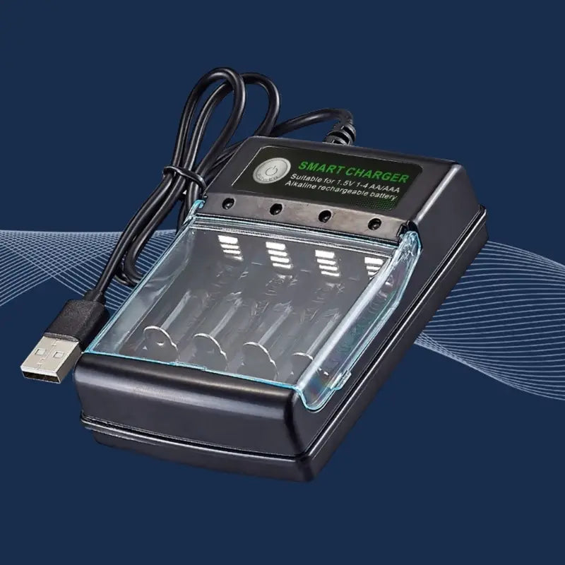 Black smart usb 1.5v alkaline battery charger with transparent lid and four slots designed for charging 1.5v aaa and aaaa rechargeable batteries.