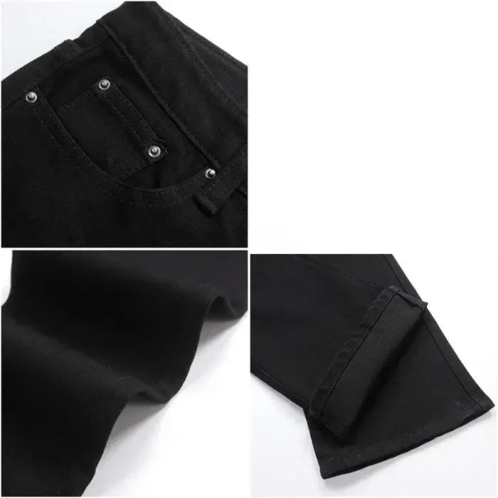 Men black flare denim jeans slim fit trousers featuring silver-toned button fastenings and a classic tailored fit.