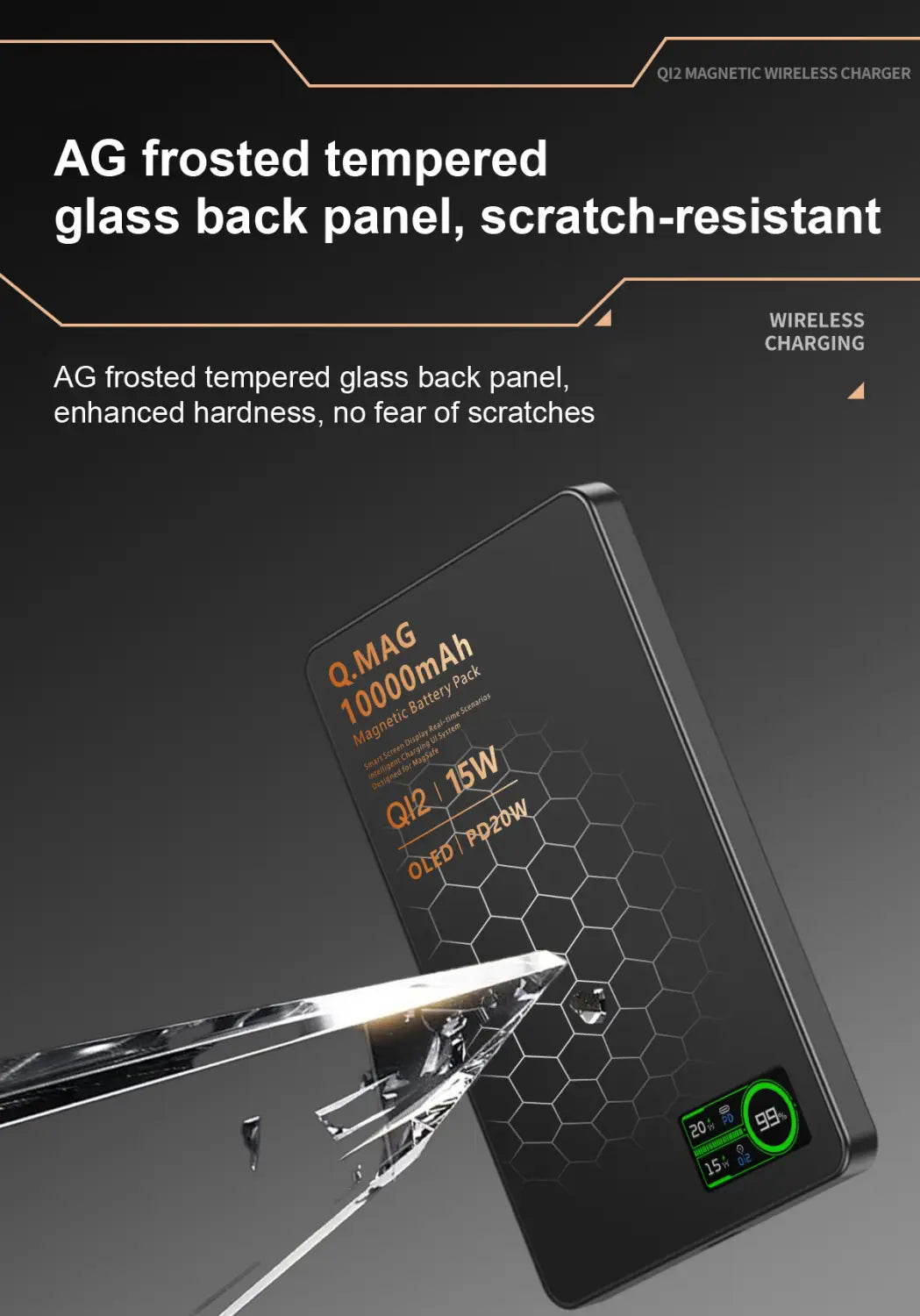 Schwarze Qi2-Magnet-Wireless-Powerbank 10000mAh, Rückseitenansicht mit AG-mattiertem, gehärtetem Glas-Paneel und sechseckigem Musterdesign.