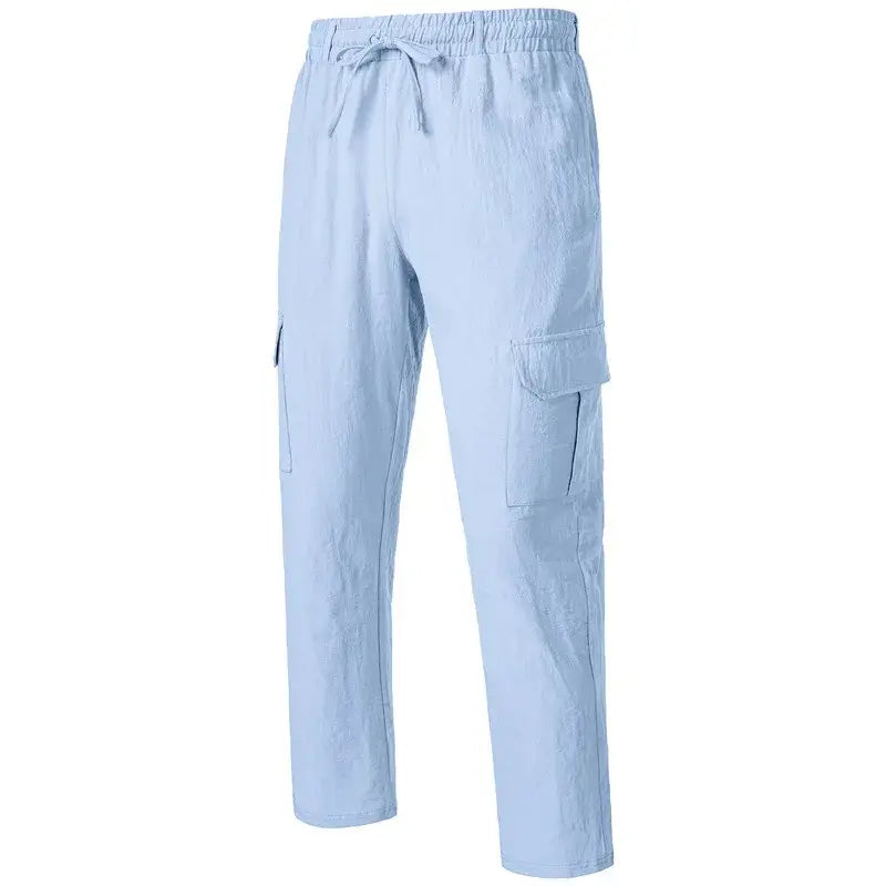 Pantalons cargo en lin pour hommes bleu clair, avec une ceinture élastique et un cordon de serrage, avec plusieurs poches, pantalons décontractés et amples.