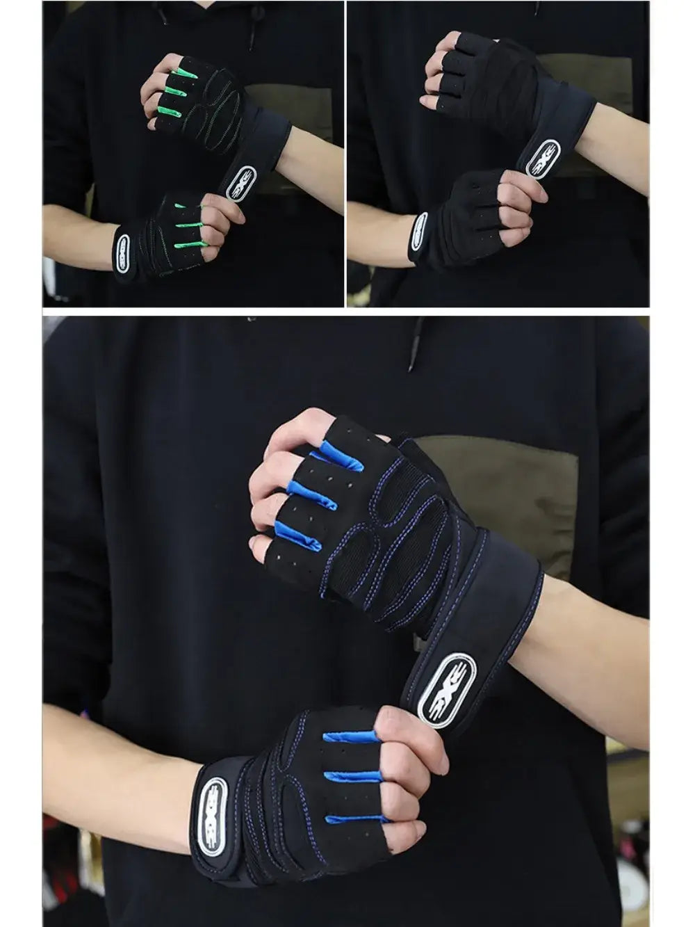 Black fingerless workout gloves with green and blue accent stitching and a padded wrist strap for support shown from the back side.