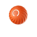 Orange textured spherical massage ball with power button shown as interactive dog toy accessory feature