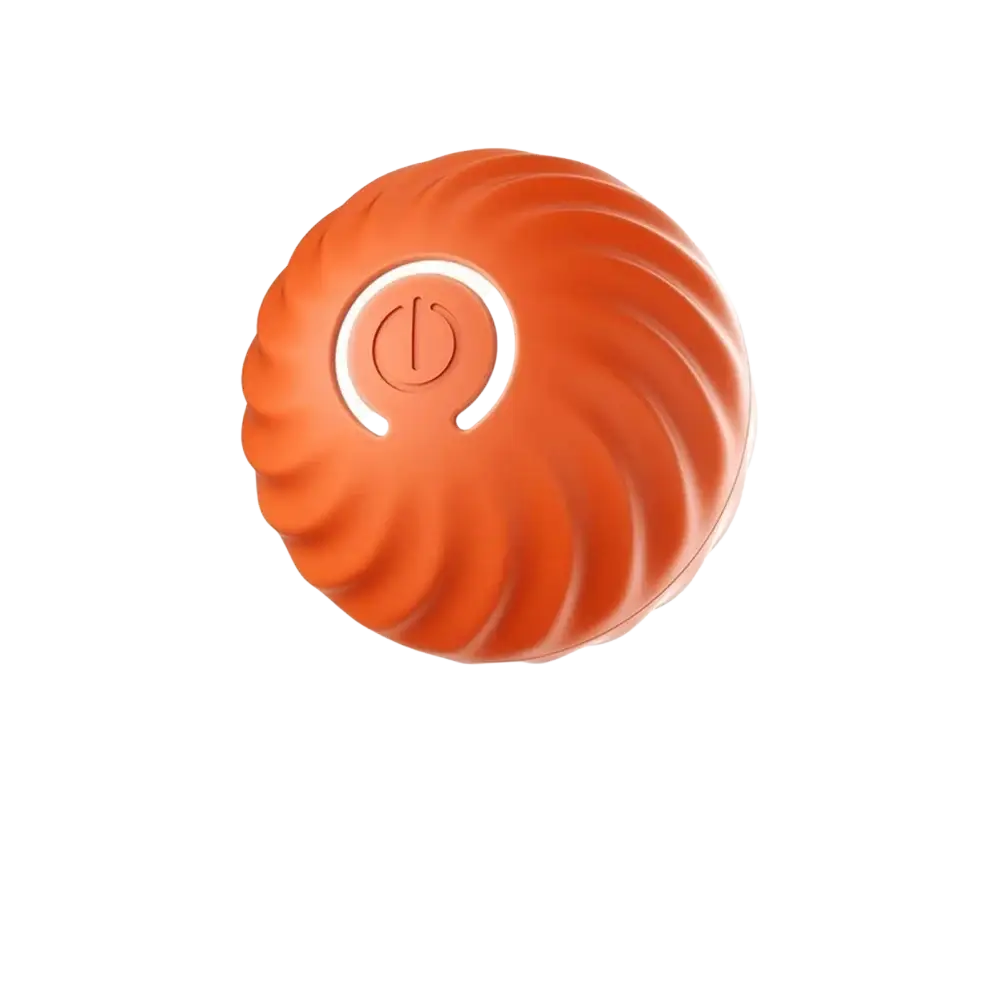Orange textured spherical massage ball with power button shown as interactive dog toy accessory feature
