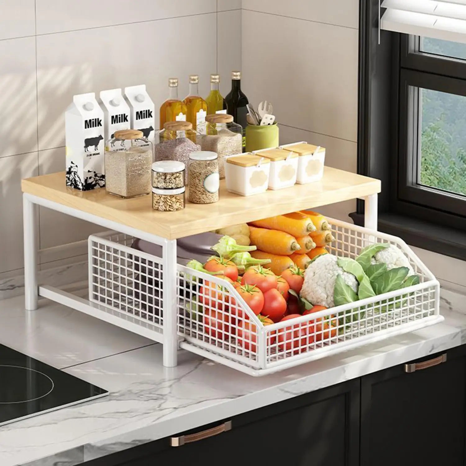 White two-tier kitchen storage rack with wooden top and metal wire mesh baskets for countertop organization