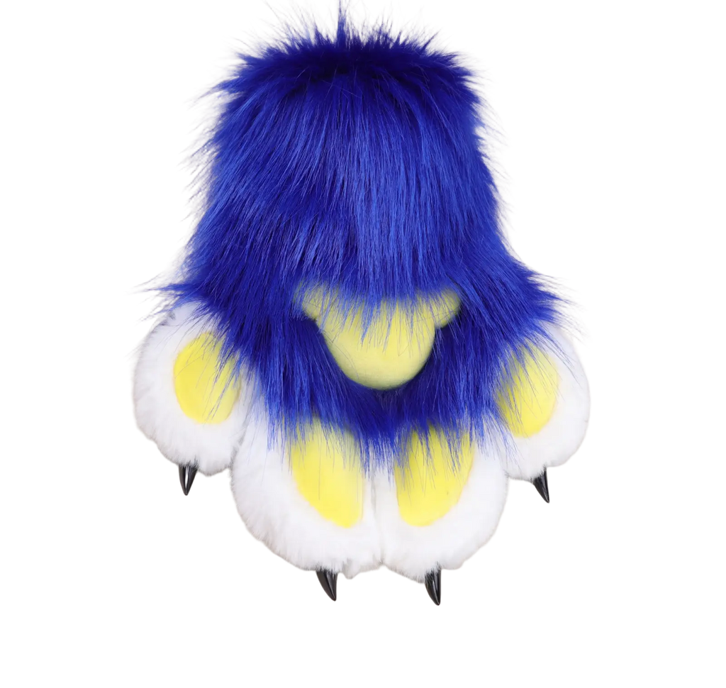 Faux fur cat claw gloves in vibrant blue and white with yellow pads and black claws showing a comfortable fit