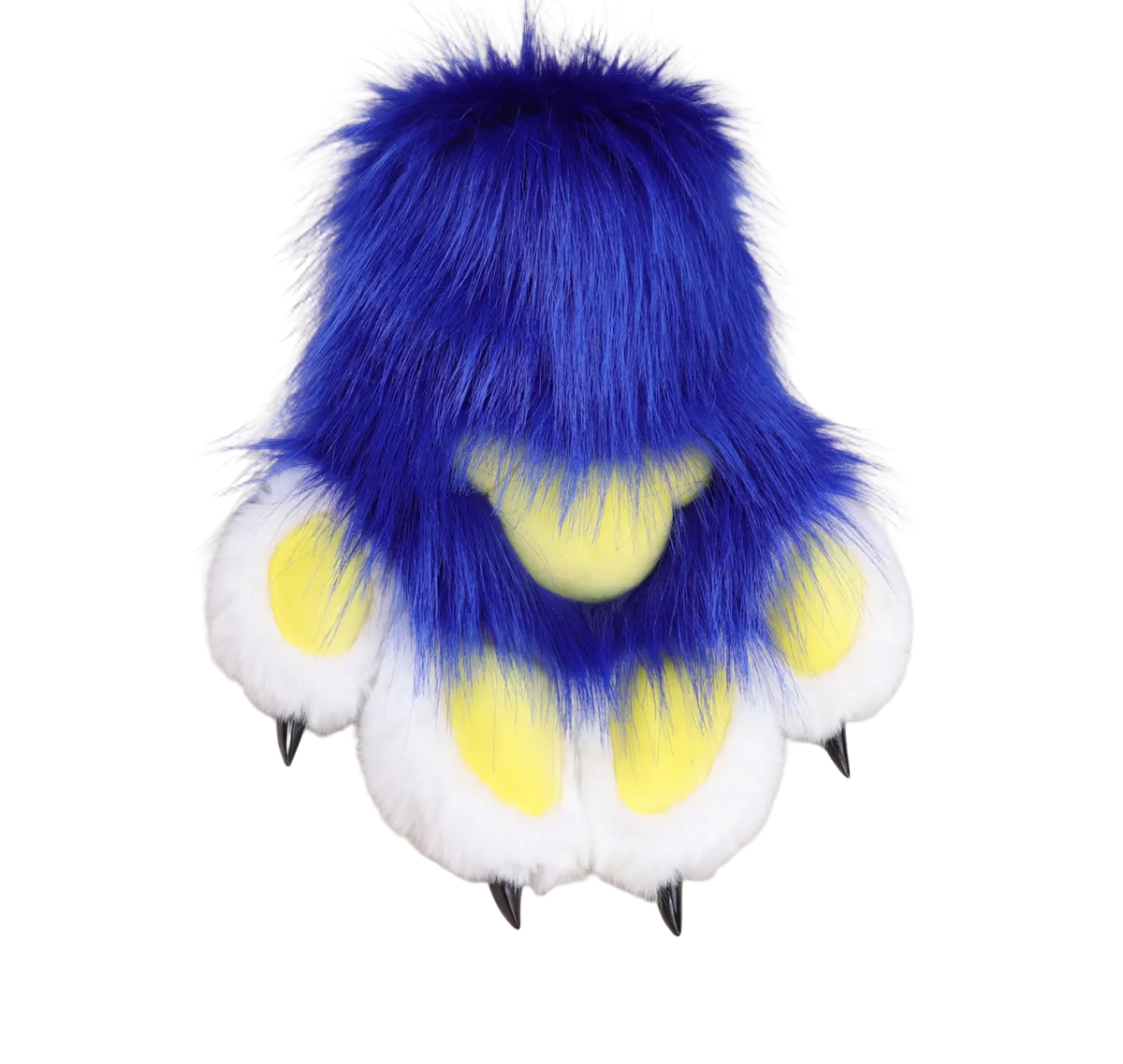 Faux fur cat claw gloves in vibrant blue and white with yellow pads and black claws showing a comfortable fit