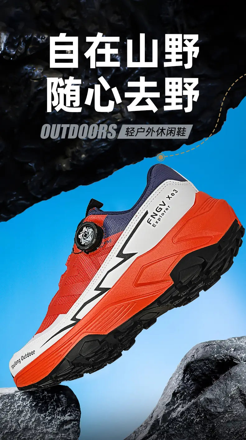 Men hiking shoes waterproof lightweight trekking sneakers in vibrant orange and white with a breathable mesh upper, bold lightning bolt design, and rugged black rubber sole.