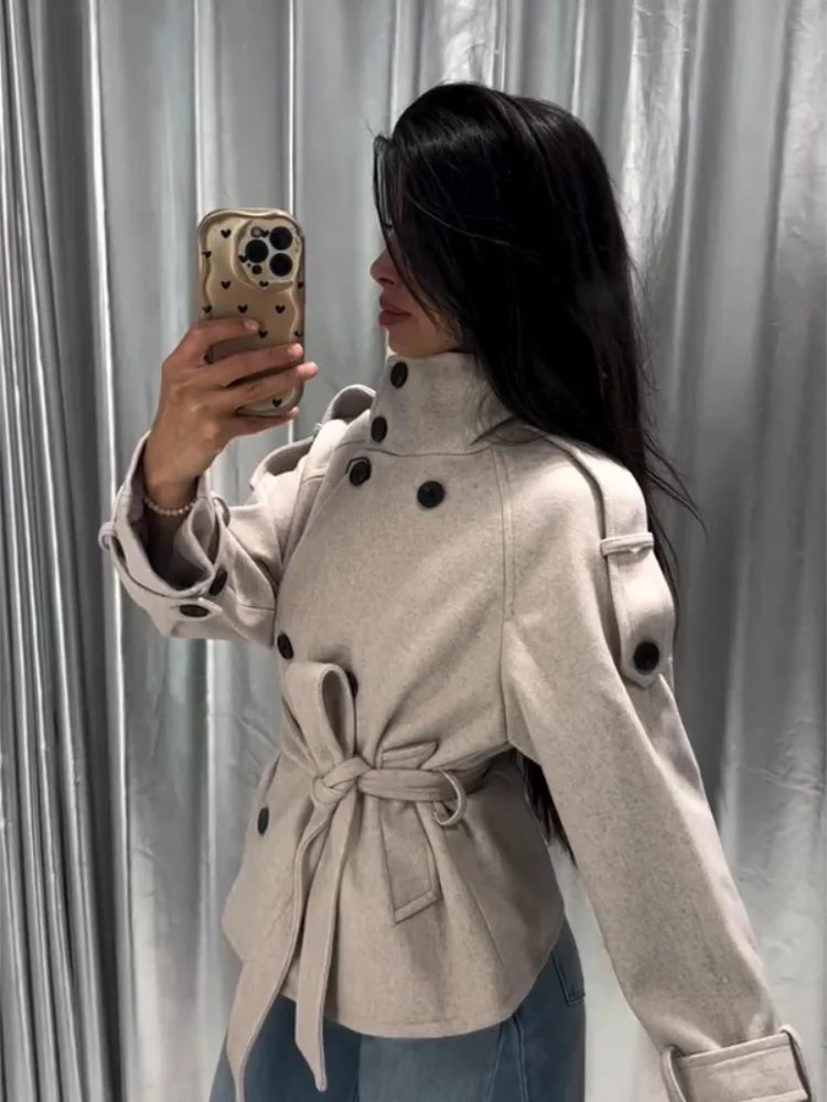 Women Short Wool Blend Coat Stand Collar Double Breasted Belted Waist Long Sleeve Epaulet Casual Winter Lady Outerwear Jacket