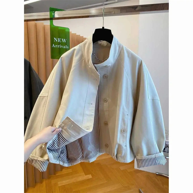 Women Short Trench Coats Striped Lining Loose Windbreaker Jackets Single Breasted Stand Collar Casual Tops Spring Autumn New