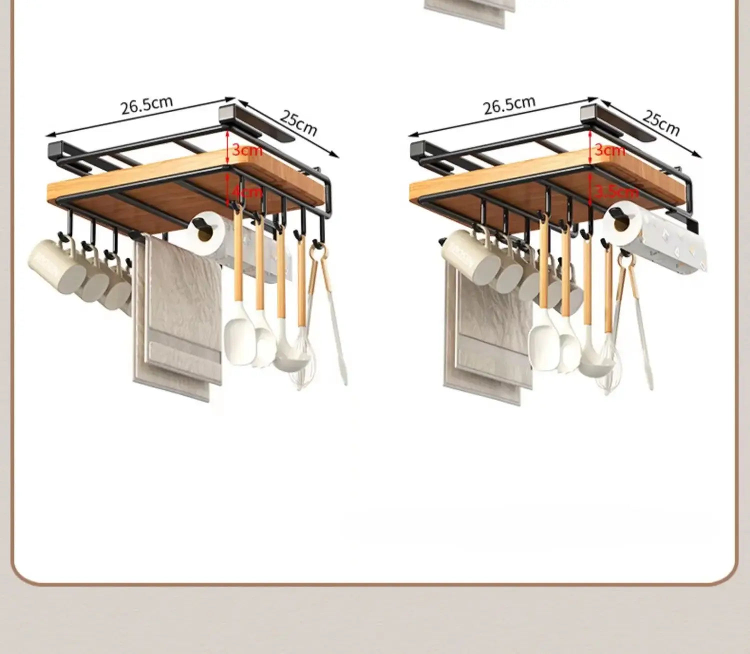 under shelf basket storage rack metal cabinet organizer in black metal and wood with hanging hooks for mugs utensils and paper towels