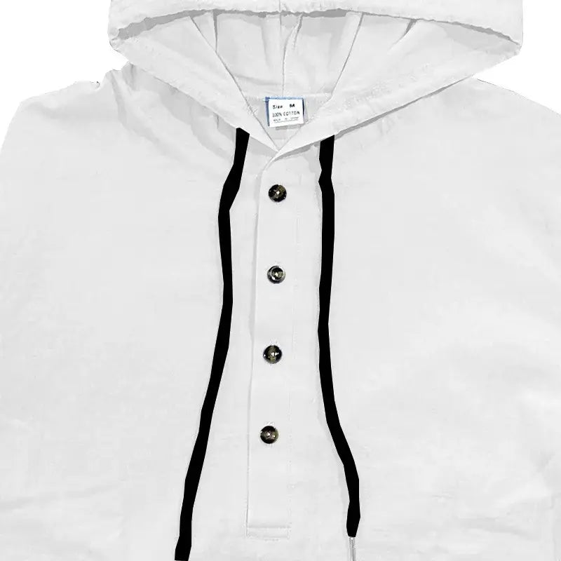 men cotton linen hooded henley shirt in white featuring a hooded jacket style with black drawstrings and silver buttons