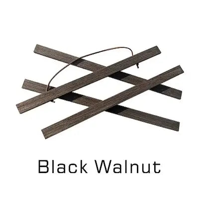 black walnut wood coat rack with dark rich grain and crossed slats featured alongside a teak wood magnetic photo frame poster hanger for stylish home organization and display