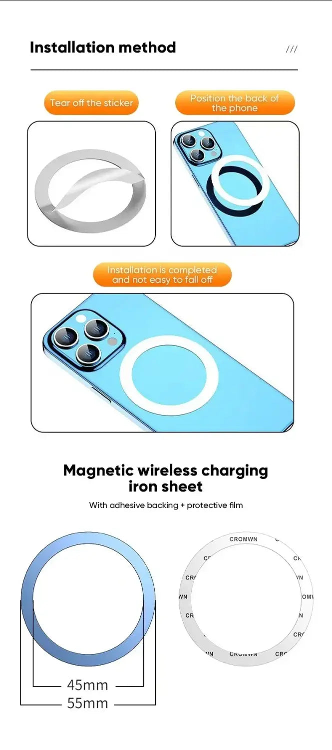 Silver circular magnetic wireless charging iron sheet with adhesive backing and protective film shown from the back side for aluminum alloy phone holder and phone stand use.