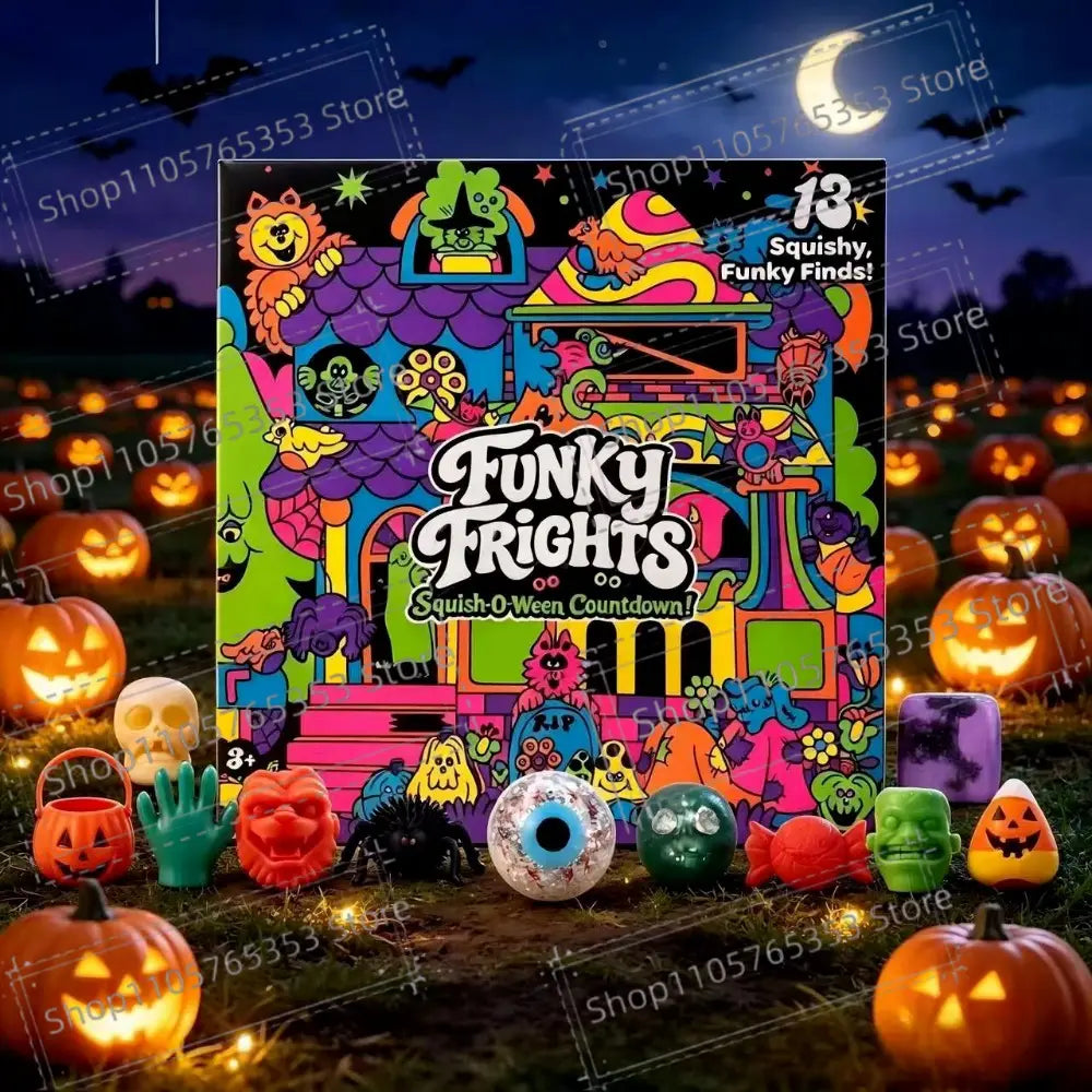 Ein lebendiger, farbenfroher Halloween-Squishy-Adventskalender mit 13 verspielten Fundstücken in einem fröhlichen Cartoon-Design für Stressabbau und festlichen Spaß.
