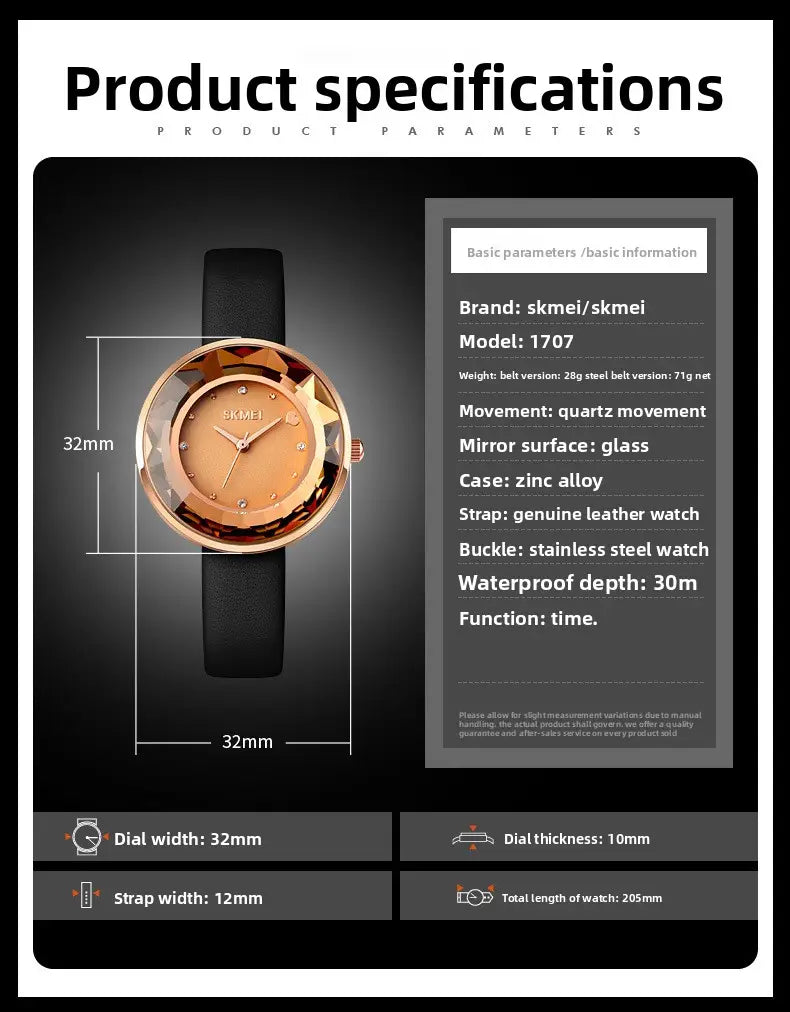 Rose gold-toned floral quartz watch with faceted crystal face, black genuine leather strap, stainless steel buckle, and gift box.
