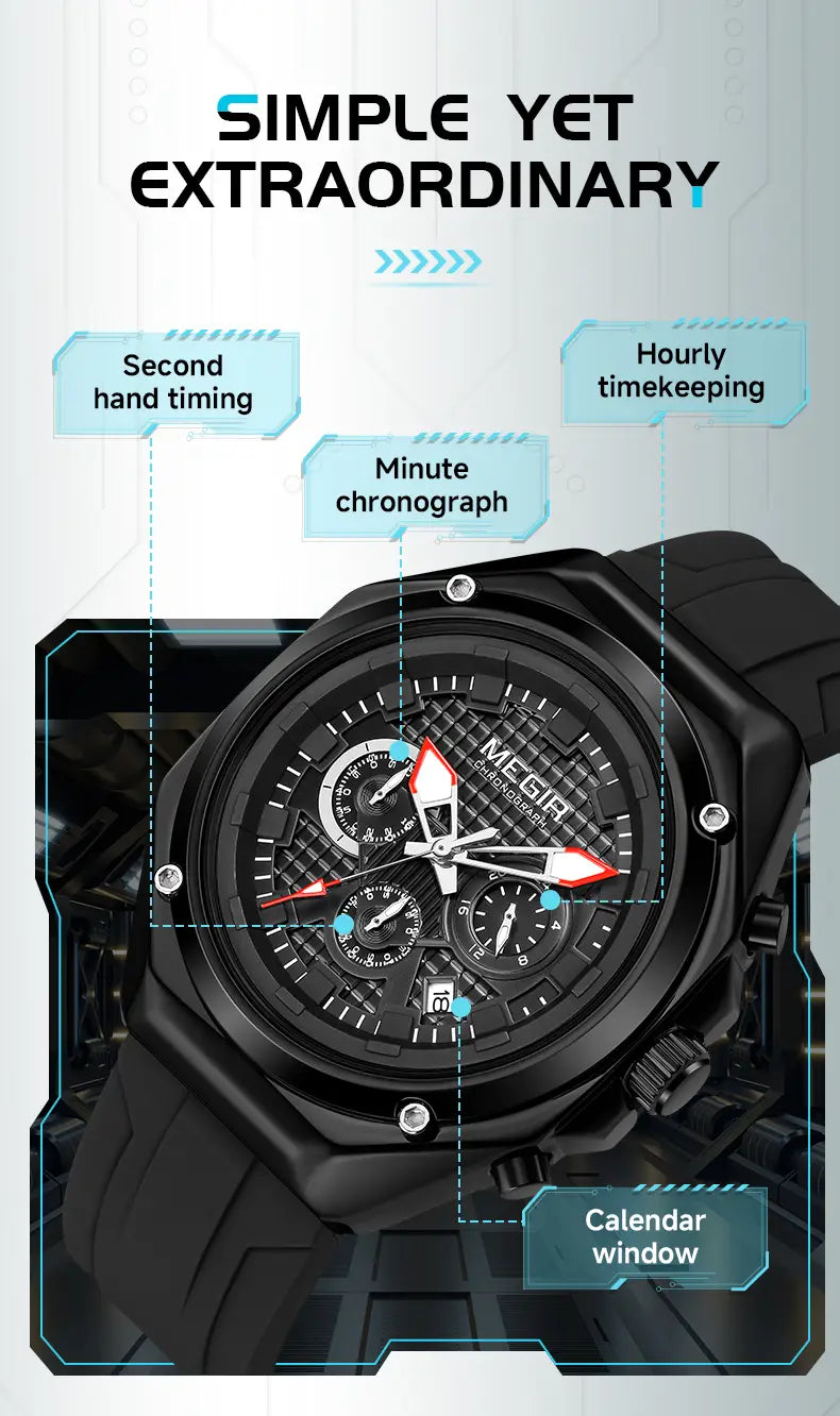 Megir sport chronograph watch with a black rugged multi-dial face red accent hands and a silicone strap.