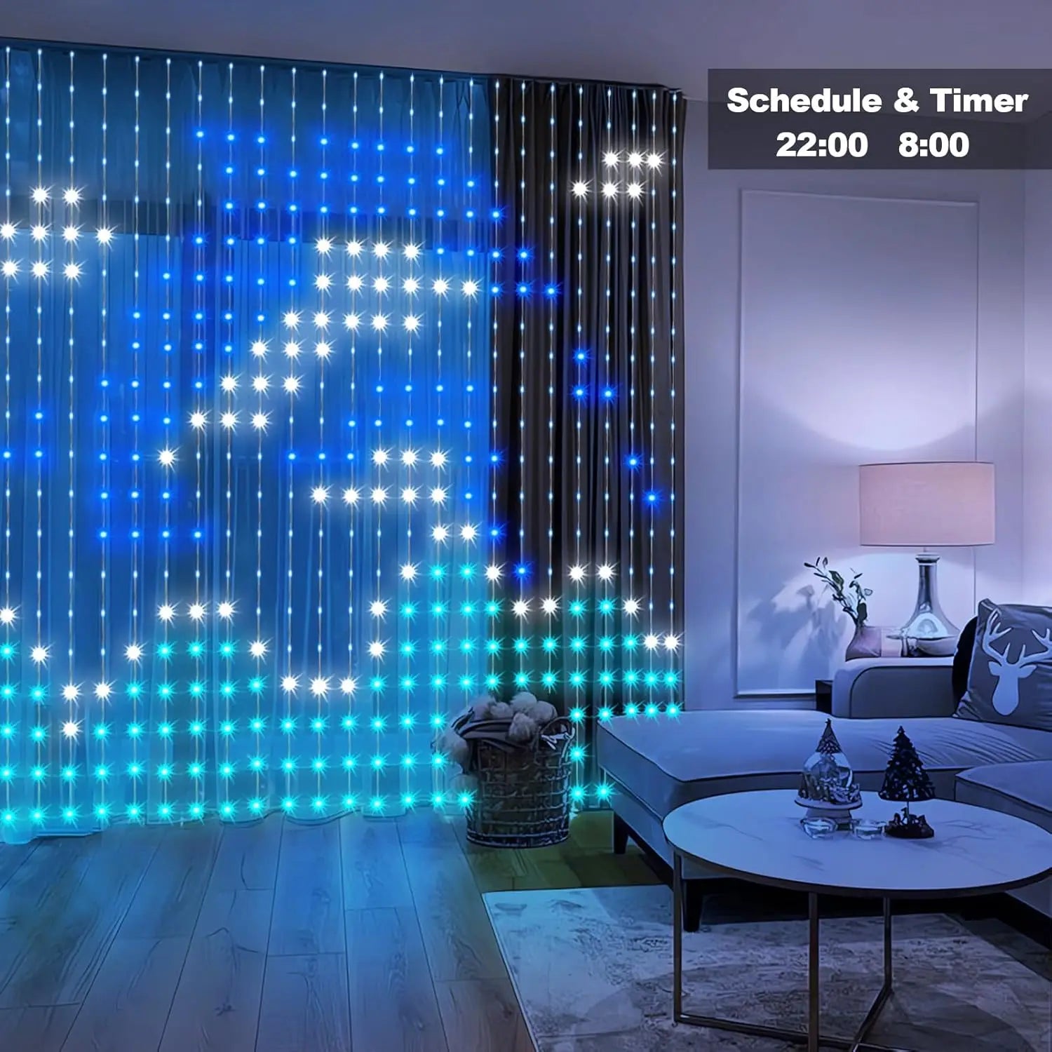 Smartes LED-Vorhanglicht RGB, per App gesteuert, für DIY-Weihnachtsdekoration; mit blauen und weißen LED-Lichtern sowie digitaler Anzeige zur Darstellung von Zeitplan und Timer (22:00 bis 08:00); konform mit den ROHS-, CE- und EMV-Standards