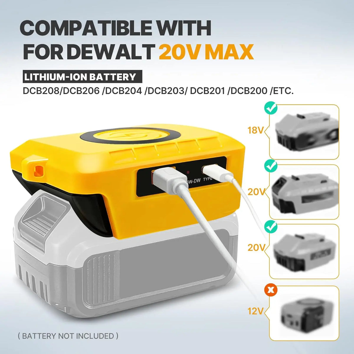 Wireless Charger Adapter for Dewalt 20V Battery,15W Max Wireless Charging Adapter with Type C &USB 2.1A Fast Charge Ports