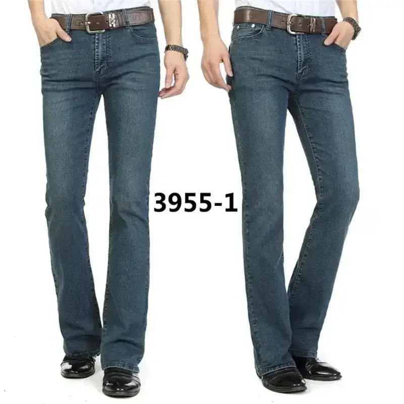 Men black flare denim jeans slim fit trousers in dark blue denim with a straight-leg cut and brown leather belt.