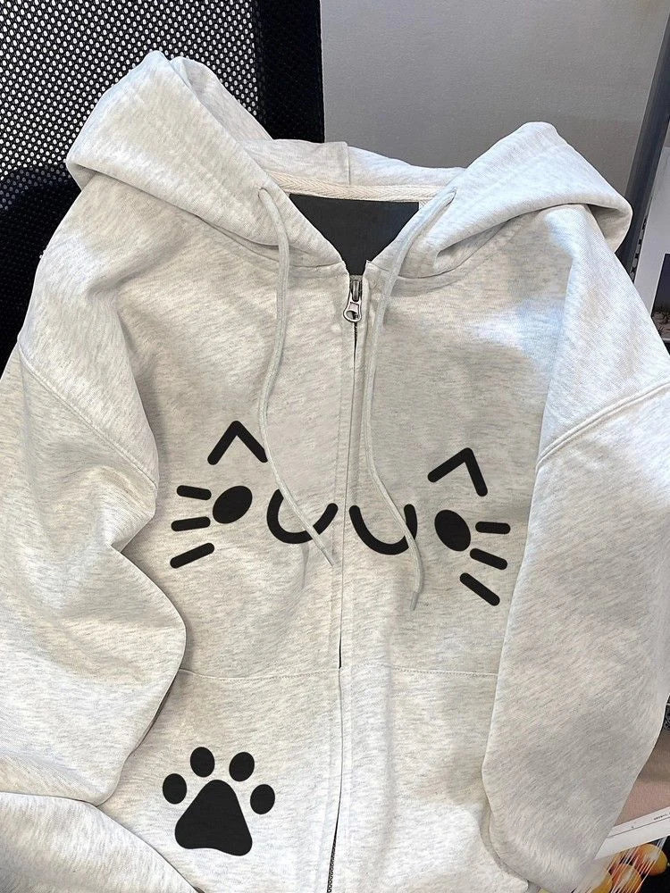 Women Cute Print Hoodies Winter Thick Warm Loose Preppy Style Kawaii Sweatshirts Casual Long Sleeve Female Sweet Zipper Chic Top