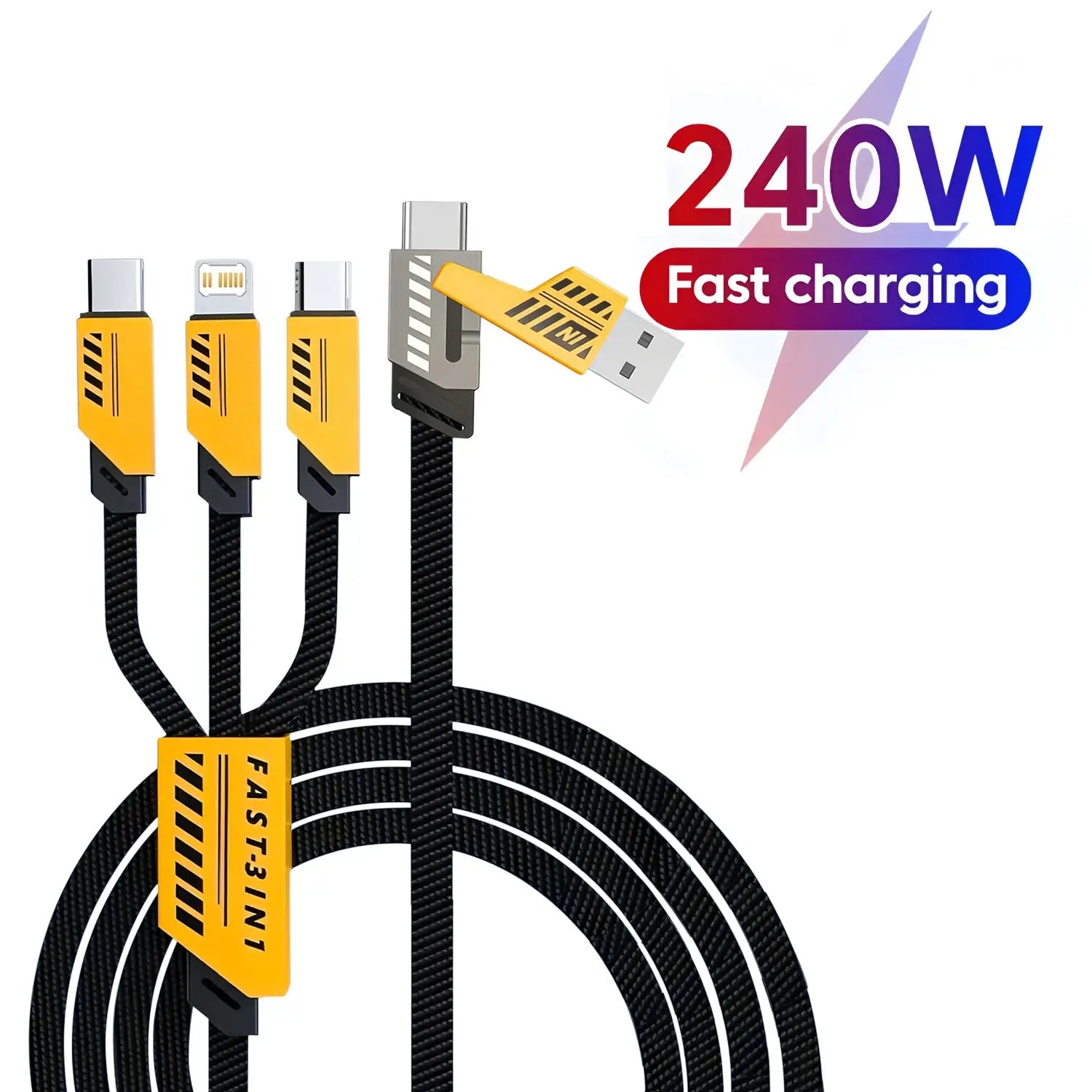Câble de charge multi 240 W tressé noir, 3 en 1, rapide, avec connecteurs jaunes et l’étiquette rapide « 3 en 1 » pour une charge rapide polyvalente.