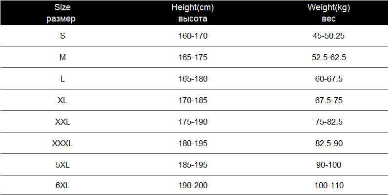 The table displays size height and weight specifications in centimeters and kilograms for the men cotton casual long sleeve military cargo shirt in sizes s to 6xl and russian размер.