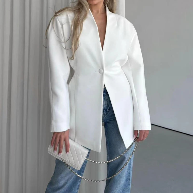 Elegant Black Women's Party Coat for Fall Winter French Style Simple V-neck Commute Jacket Temperament Long Sleeve Fit Outerwear