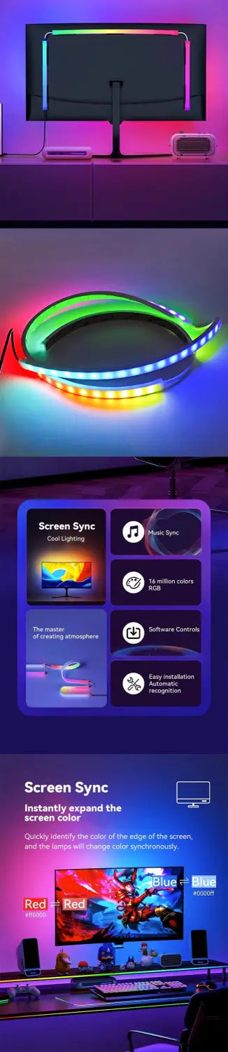 Tira de luz LED RGB con diseño flexible y esbelto, y con capacidad vibrante de cambio de color para sincronización ambilight de la pantalla del PC, como una solución versátil de tira LED y luz de apoyo.